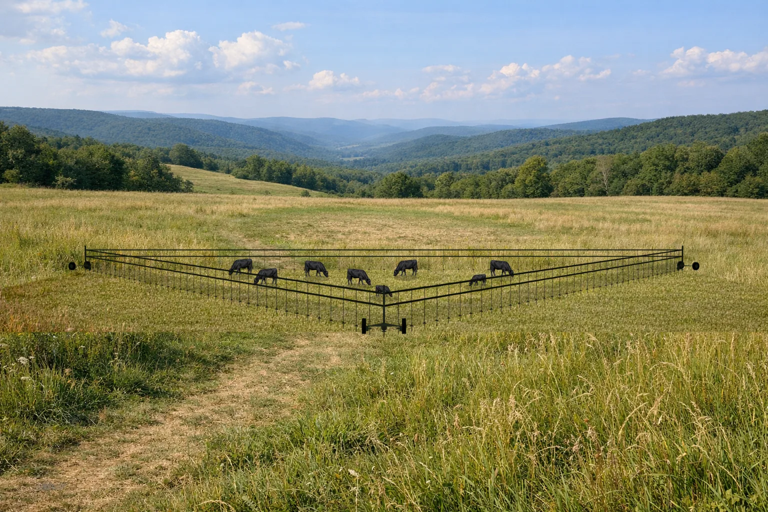 HerdFence mobile fencing robot holding a paddock boundary in an open pasture