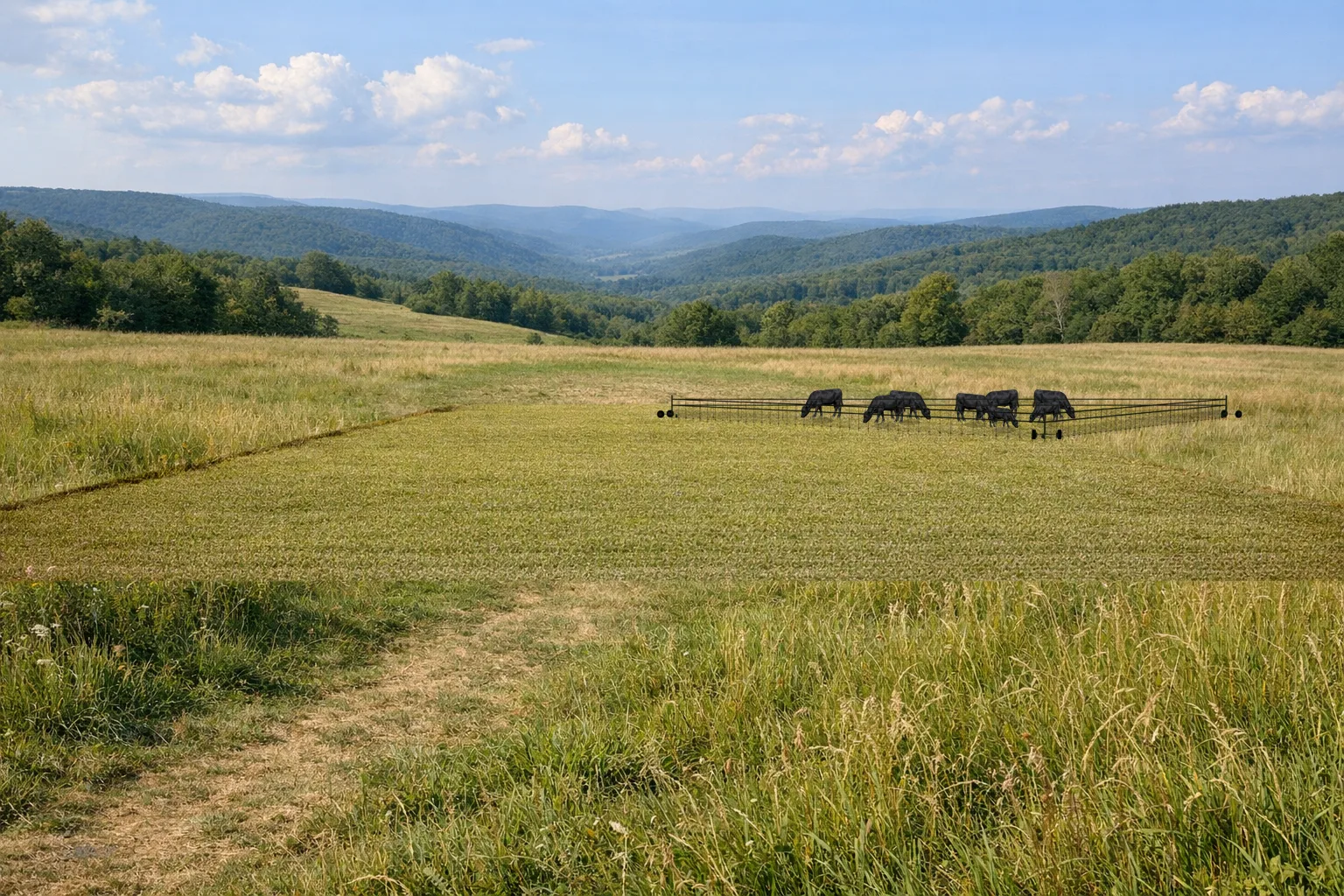 Wide view of a HerdFence enclosure in a rotational grazing field